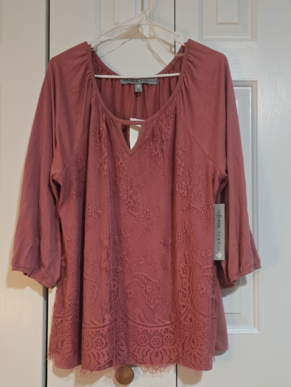 Women's Dusty Rose Lace-Front Peasant Top